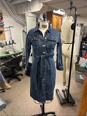 Denim Button-Front Shirt Dress with Belt - Dark Blue